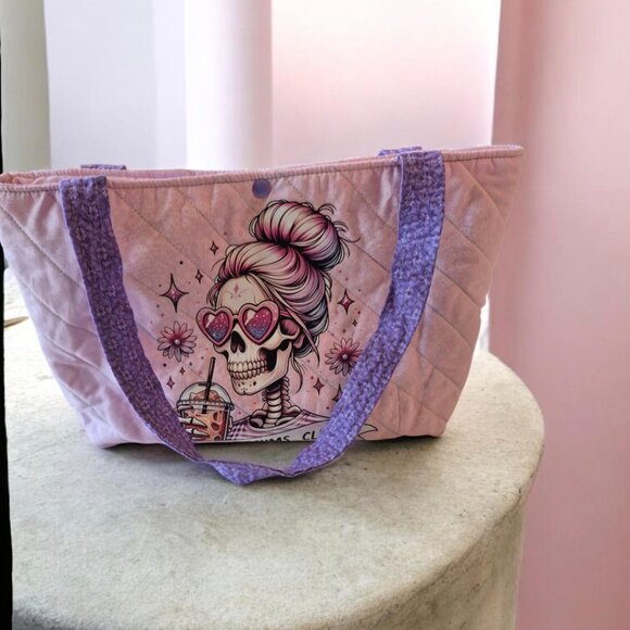 Handmade Handbags - Cool Mums Club Quilted Tote - Skull with Heart Glasses & Coffee - Handcrafted